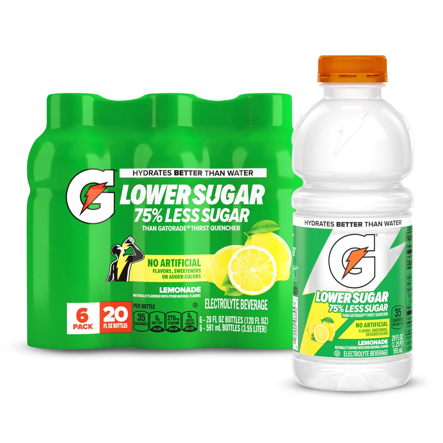 Gatorade Lower Sugar Electrolyte Sports Drink, Lemonade, 20 fl oz Bottles, (6 Pack), 75% Less Sugar, No Artificial Flavors, No Artificial Sweeteners, No Artificial Colors, Hydration