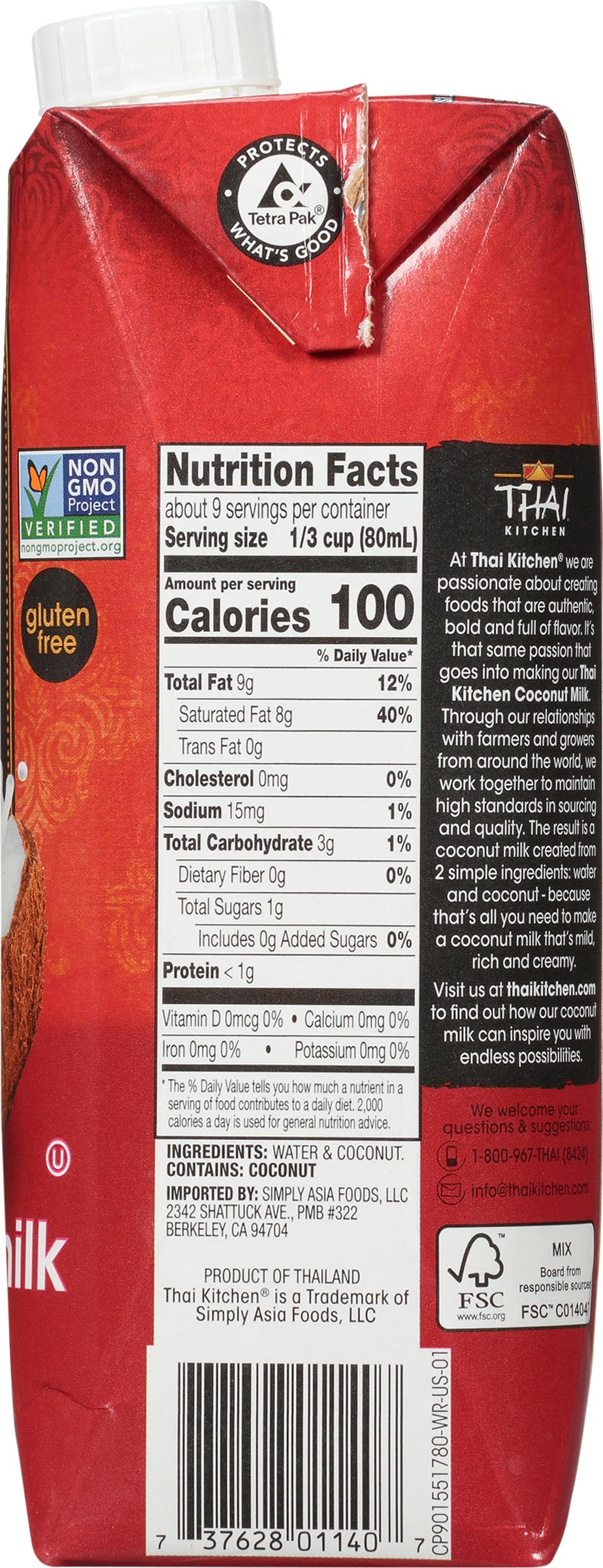 Thai Kitchen Coconut Milk, Unsweetened, Non Dairy Milk Substitute, Gluten Free, Non GMO, Vegan, For Smoothies, Ice Cream, Oatmeal, Coffee, and More, 25.36 fl oz (Pack of 6)