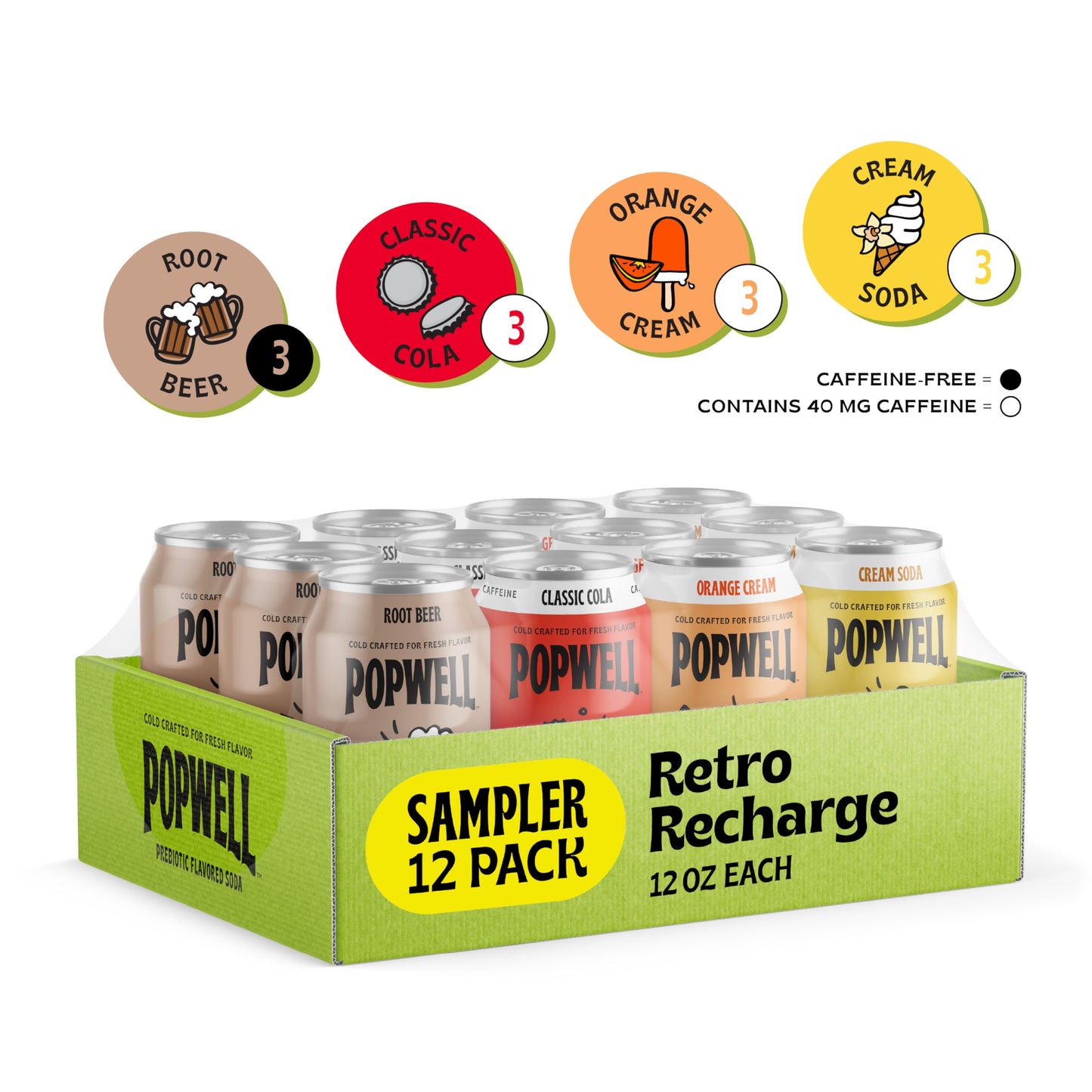 Popwell Retro Recharge Variety Pack Better-For-You Prebiotic Soda, with 6g Fiber, 1g Sugar, Vitamins and Immunity Support, 12 fl oz, 12 count (Root Beer, Classic Cola, Orange Cream, Cream Soda)