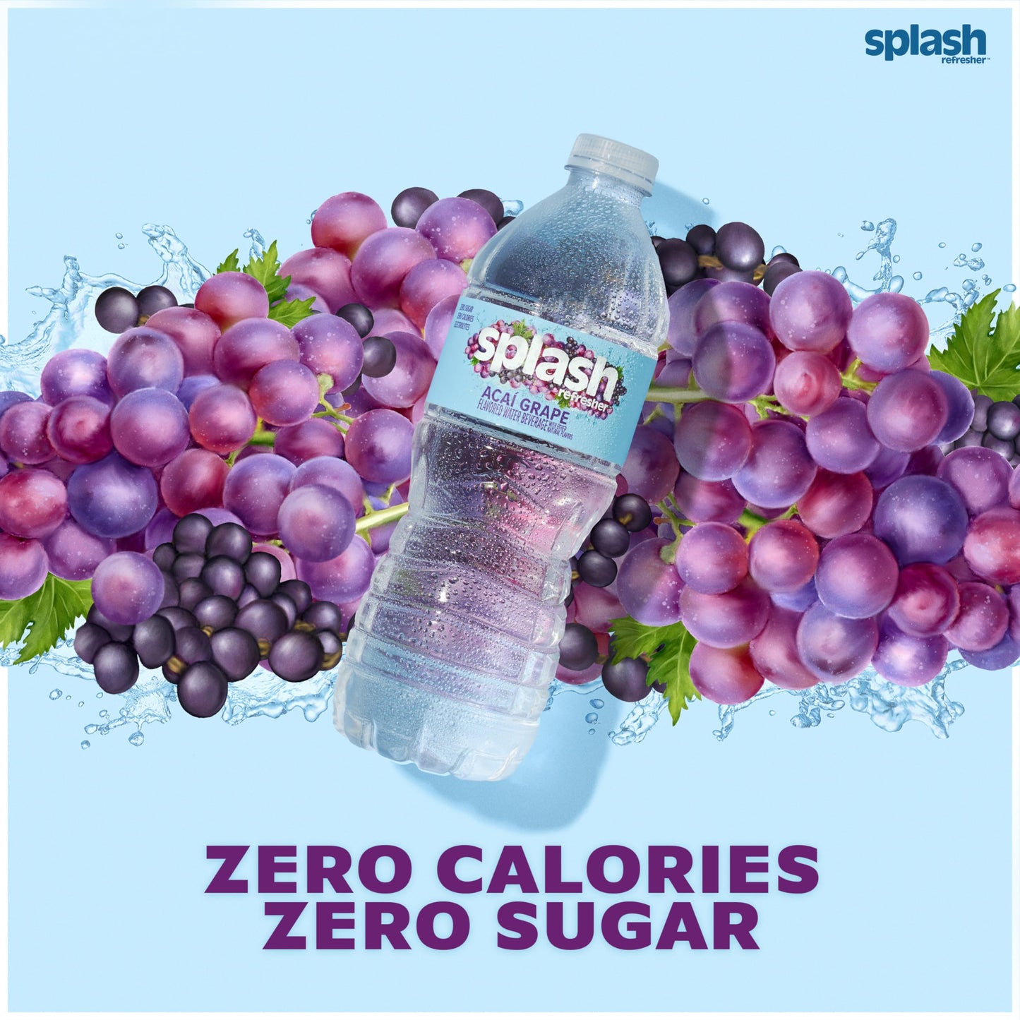 Splash Refresher Acai Grape Flavored Water, 16.9 Fl Oz, Plastic Bottle Pack of 18