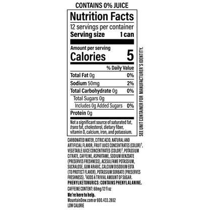 Mountain Dew, Baja Cabo Citrus Zero Sugar 12 Fl Oz Cans (Pack of 12)
