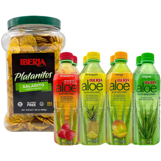 Iberia Aloe Vera Drinks, Variety (Pack of 8) + Iberia Salted Plantain Chips Jar, 1.75 lb. Bundle