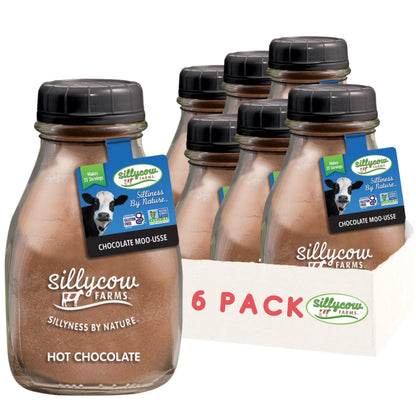 Sillycow Farms Hot Chocolate Moo-usse Mix | Rich Hot Cocoa Delight | Gluten-Free, Non-GMO, Dairy-Free |Indulgence with Pure Cocoa and Vanilla Flavor | 16.9 Oz Reusable Glass Bottle - Pack of 6
