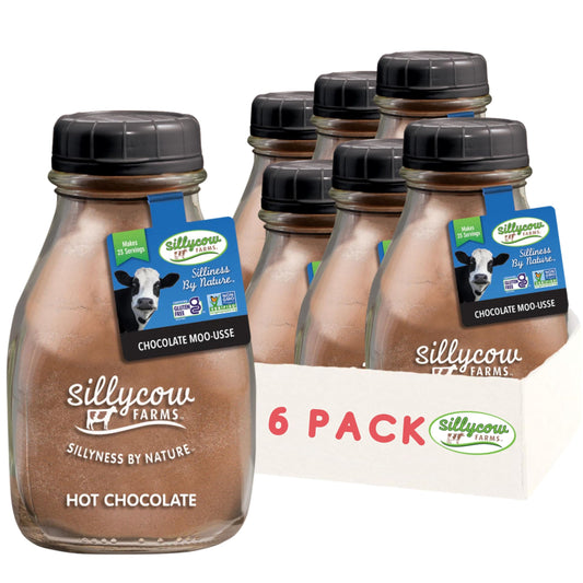 Sillycow Farms Hot Chocolate Moo-usse Mix | Rich Hot Cocoa Delight | Gluten-Free, Non-GMO, Dairy-Free |Indulgence with Pure Cocoa and Vanilla Flavor | 16.9 Oz Reusable Glass Bottle - Pack of 6
