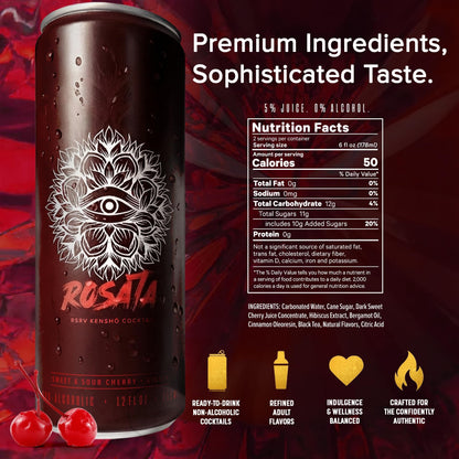 RSRV Kenshō Cocktails – Premium Non Alcoholic Drinks for Adults – Ready-to-Drink Craft Mocktails with Natural Ingredients – 60 Calories, Vegan – Rosata (Sweet & Sour Cherry & Ginger, 12oz, Pack of 12)