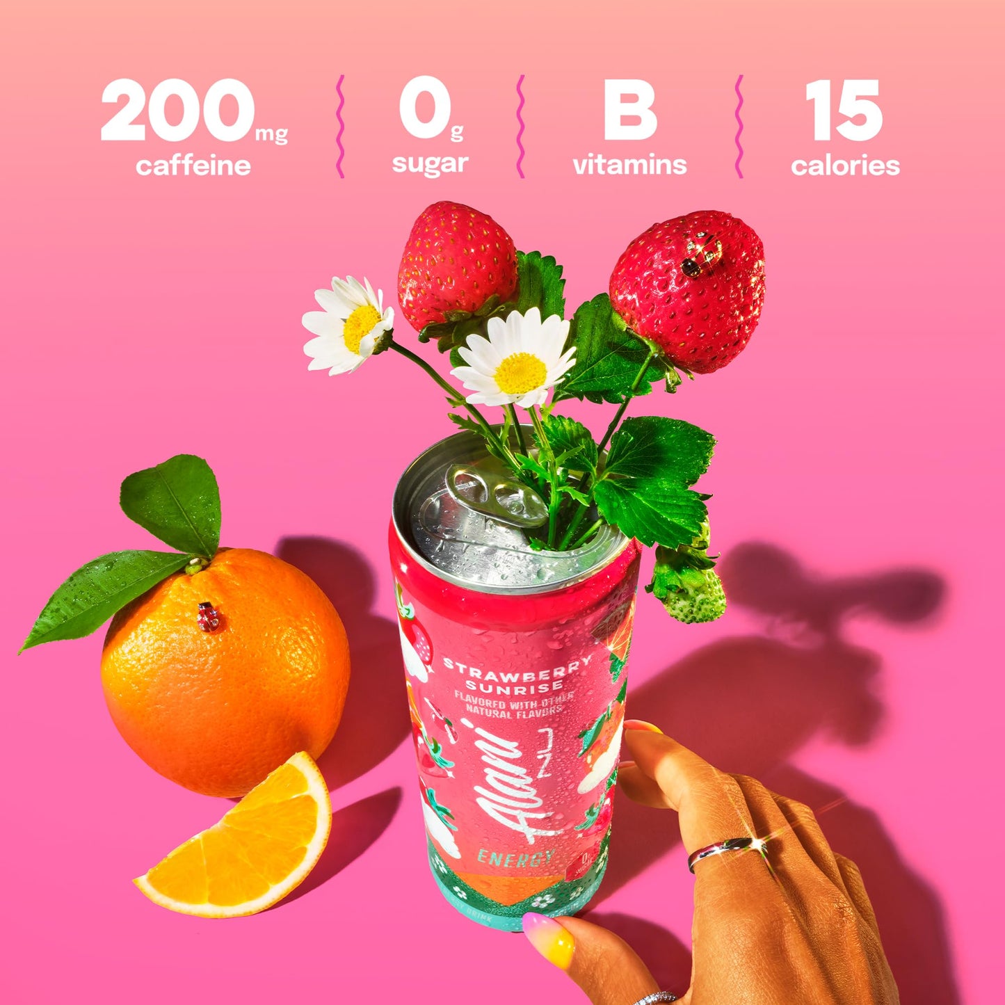 Alani Nu STRAWBERRY SUNRISE Sugar Free, Low Calorie Energy Drinks, 200mg Caffeine, Biotin B Vitamins, Zero Sugar, 10 Calories, 12 Fl Oz Cans, 12 Pack