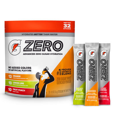 Gatorade Zero Sugar Electrolyte Powder Drink Mix, 3 Flavor Variety Pack, (32 Servings), No Artificial Flavors, No Added Colors, Zero Sugar, Sports Drinks, Hydration, Electrolyte Drink