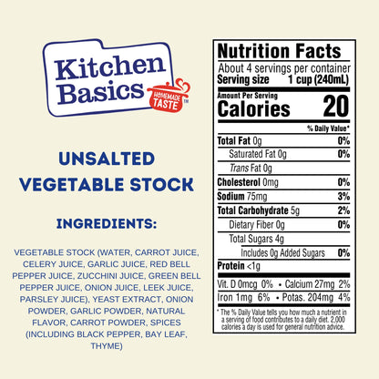 Kitchen Basics Unsalted Vegetable Stock, 32 oz (Pack of 12) For Delicious Dishes and Enhanced Flavors, Great for Vegetarian Recipes
