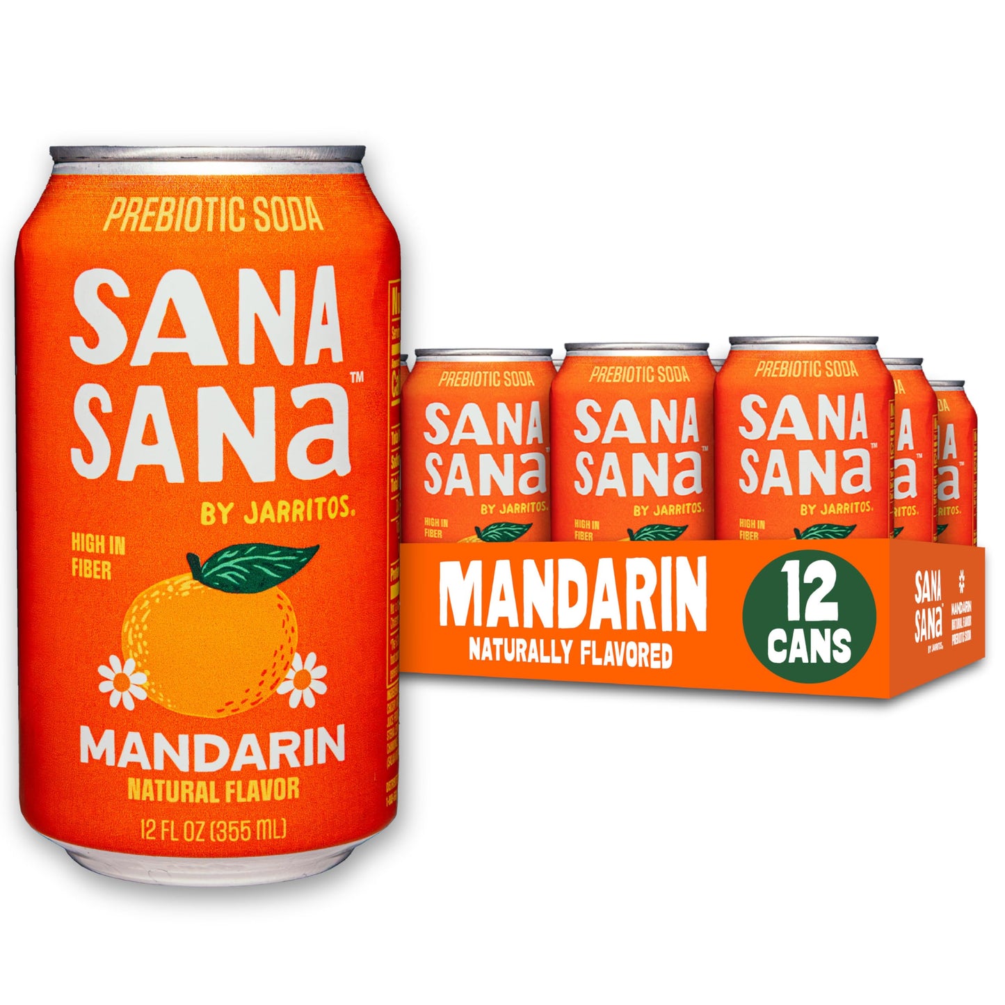 Sana Sana by Jarritos - Mexican Prebiotic Soda Soft Drinks, Mandarin (12 oz, 355ml) 12 Cans - 40 Calories, 10g of Fiber - Low Sugar - Natural Flavor Soda Pop