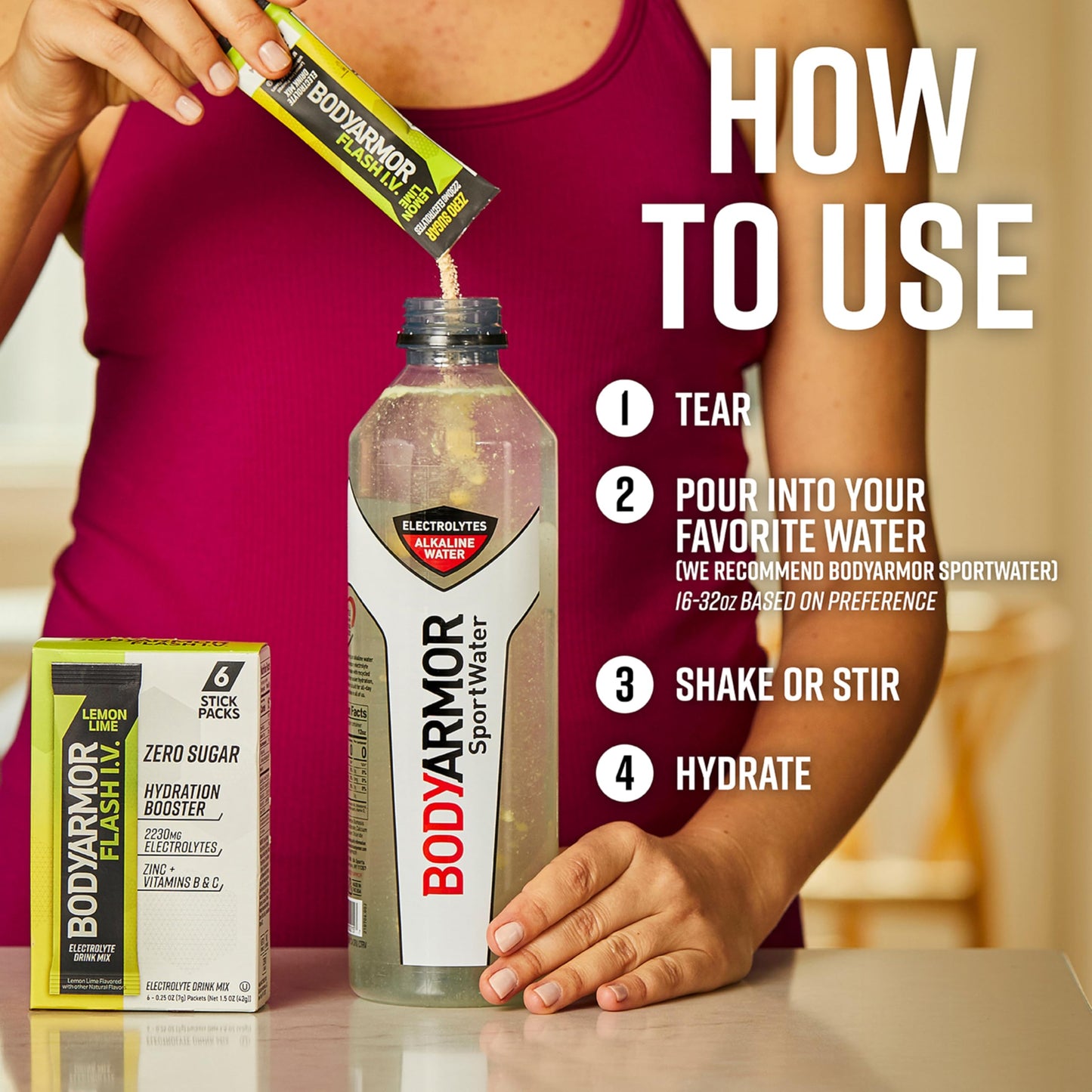 BODYARMOR Flash IV Electrolyte Packets, Lemon Lime - Zero Sugar Drink Mix, Single Serve Packs, Coconut Water Powder (15 Count)