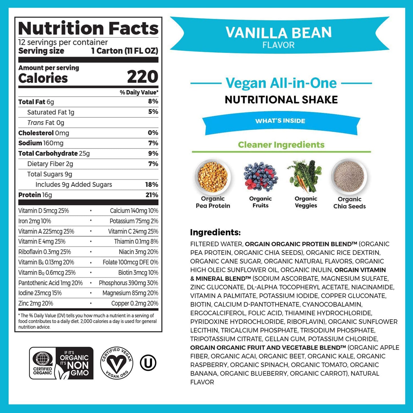 Orgain Organic Nutritional Vegan Protein Shake, Vanilla Bean (Pack of 12) Organic Nutritional Protein Shake, Strawberries & Cream (Pack of 12)
