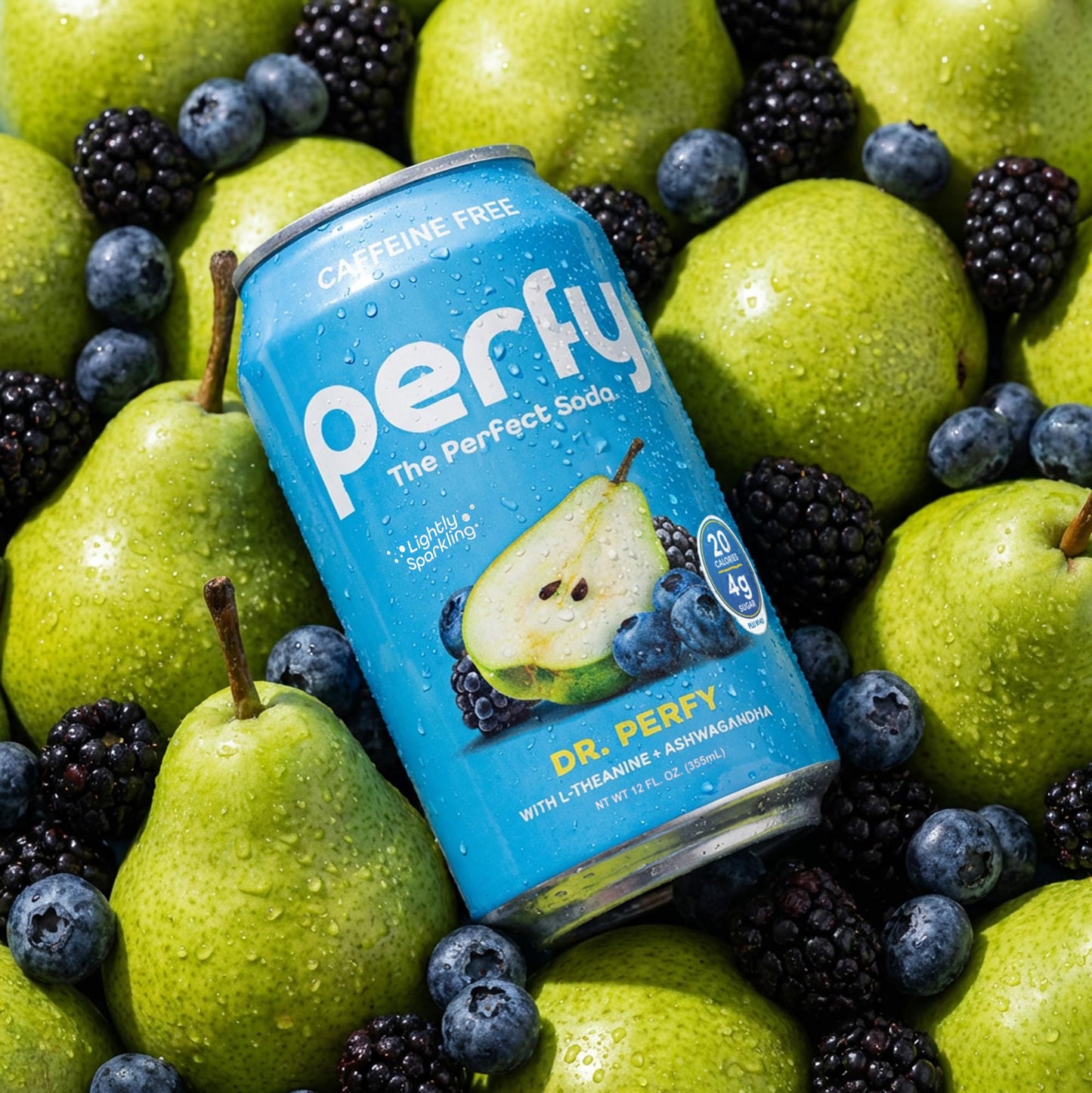 PERFY Caffeine Free Dr. Perfy Soda | Made With Real Fruit Juice - Low Sugar Nootropic Drink with L-Theanine + Ashwagandha | Calming Adaptogen Mocktail | Keto + GLP-1 Friendly | Sweetened with Stevia & Monk Fruit | (12-Pack Healthy Functional Soda...