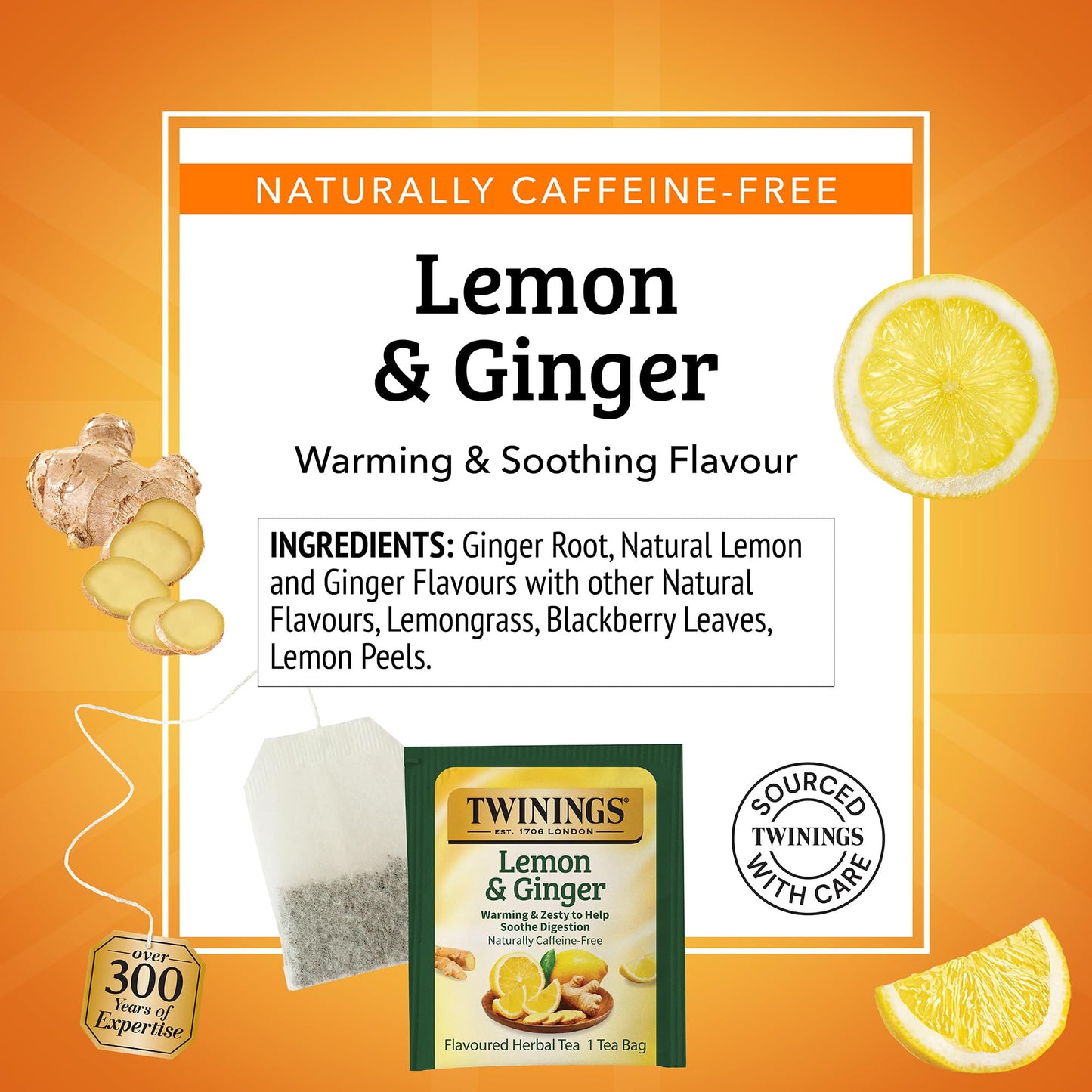 Twinings Lemon & Ginger Herbal Tea Individually Wrapped Bags, 100 Count (Pack of 1), Tangy Lemon, Spicy Ginger, Naturally Caffeine-Free, Enjoy Hot or Iced, 100 Teabags