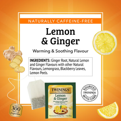 Twinings Lemon & Ginger Herbal Tea Individually Wrapped Bags, 100 Count (Pack of 1), Tangy Lemon, Spicy Ginger, Naturally Caffeine-Free, Enjoy Hot or Iced, 100 Teabags