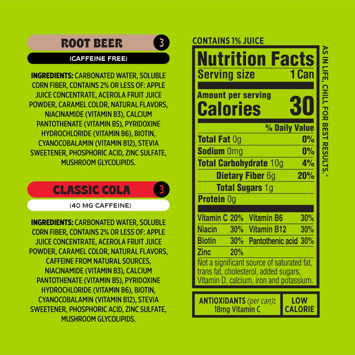 Popwell Retro Recharge Variety Pack Better-For-You Prebiotic Soda, with 6g Fiber, 1g Sugar, Vitamins and Immunity Support, 12 fl oz, 12 count (Root Beer, Classic Cola, Orange Cream, Cream Soda)