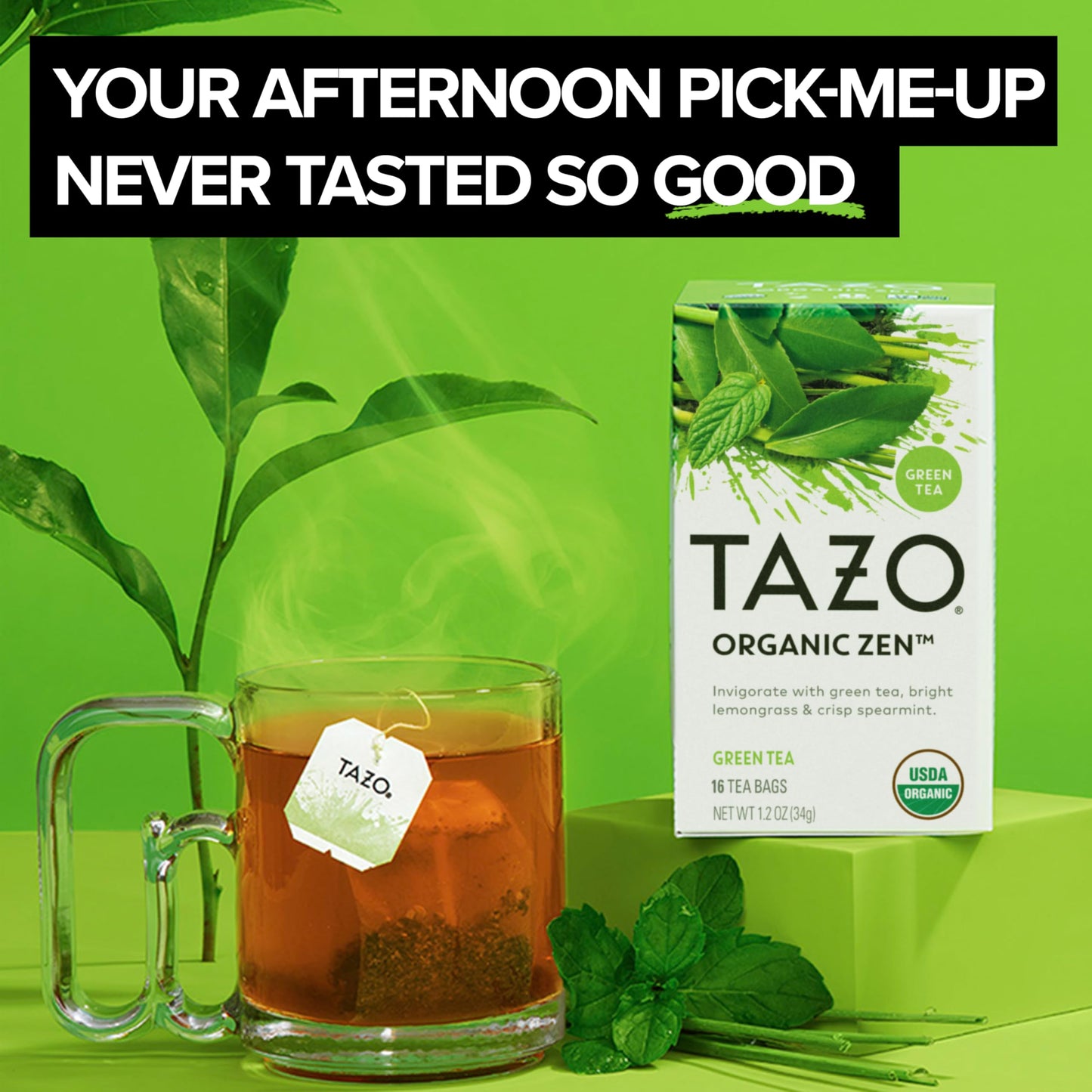TAZO Organic Zen Green Tea Bags, Caffeine Free Tea with Refreshing Lemongrass & Spearmint, 96 Total Tea Bags (16ct - Pack of 6)