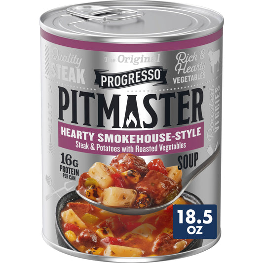 Progresso Pitmaster Hearty Smokehouse Style, Steak and Potatoes with Roasted Vegetables, Gluten Free, Canned Soup, 18.5 oz