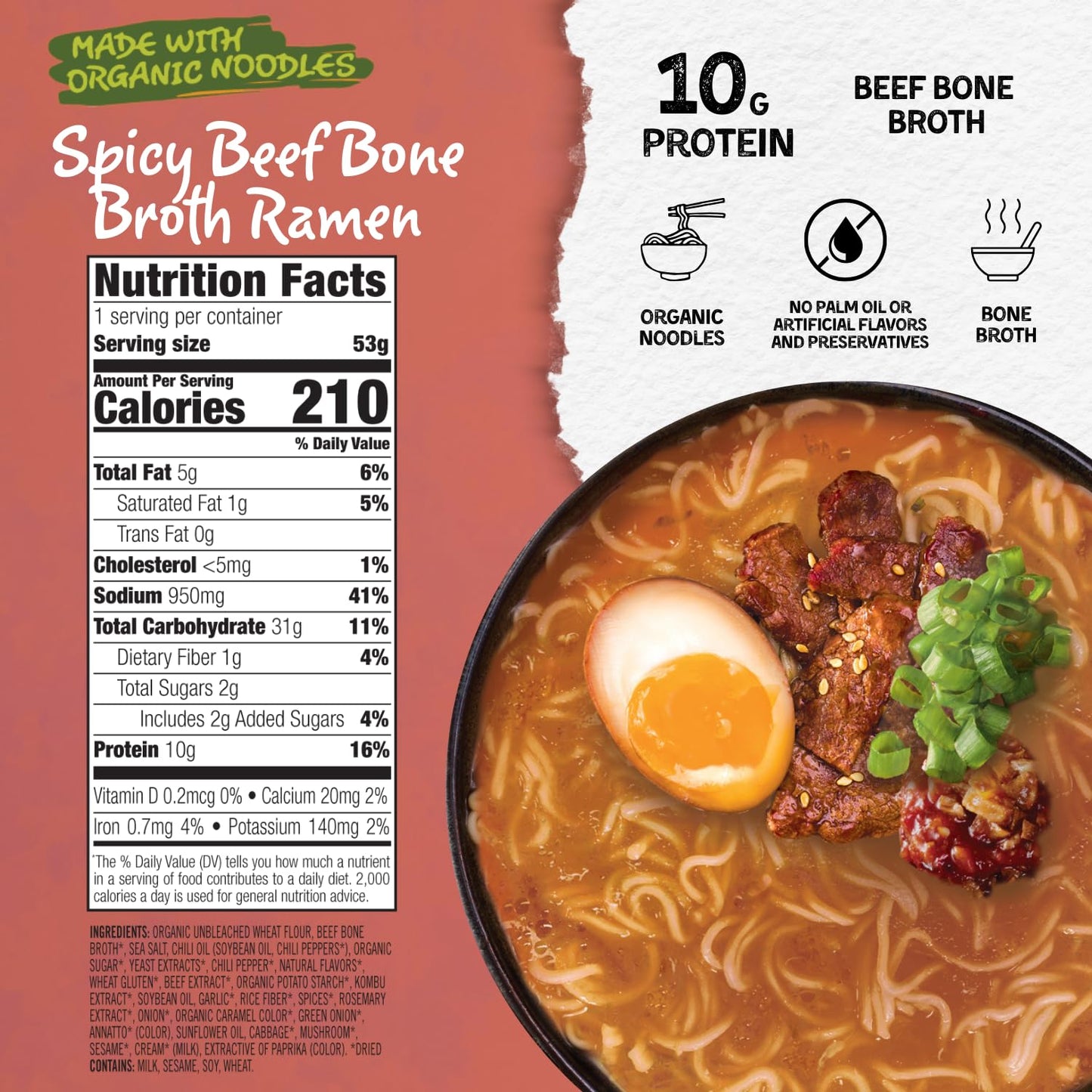 Mike’s Mighty Good Spicy Beef Bone Broth Ramen Cup (Pack of 6) – 10g Protein Instant Ramen Noodles – Organic Steamed, Non-GMO, Palm Oil-Free – Rich Tasting, No Artificial Flavors
