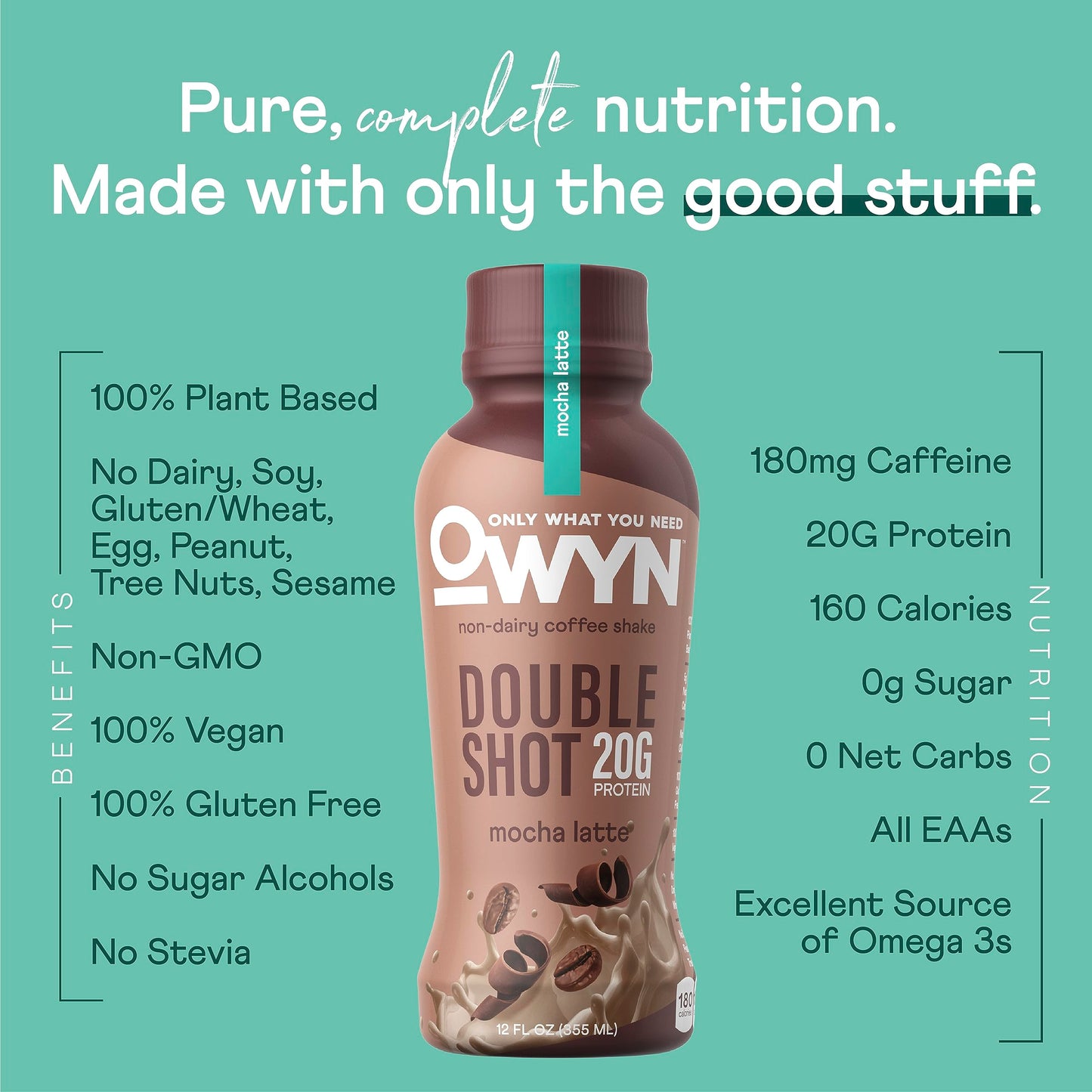 OWYN Only What You Need Double Shot Mocha Latte Flavored Protein Shake, 20g Protein, 0g Sugar, 3g Fiber, 180mg Caffeine, Dairy Free, Plant Based Protein Drink, 12 Count