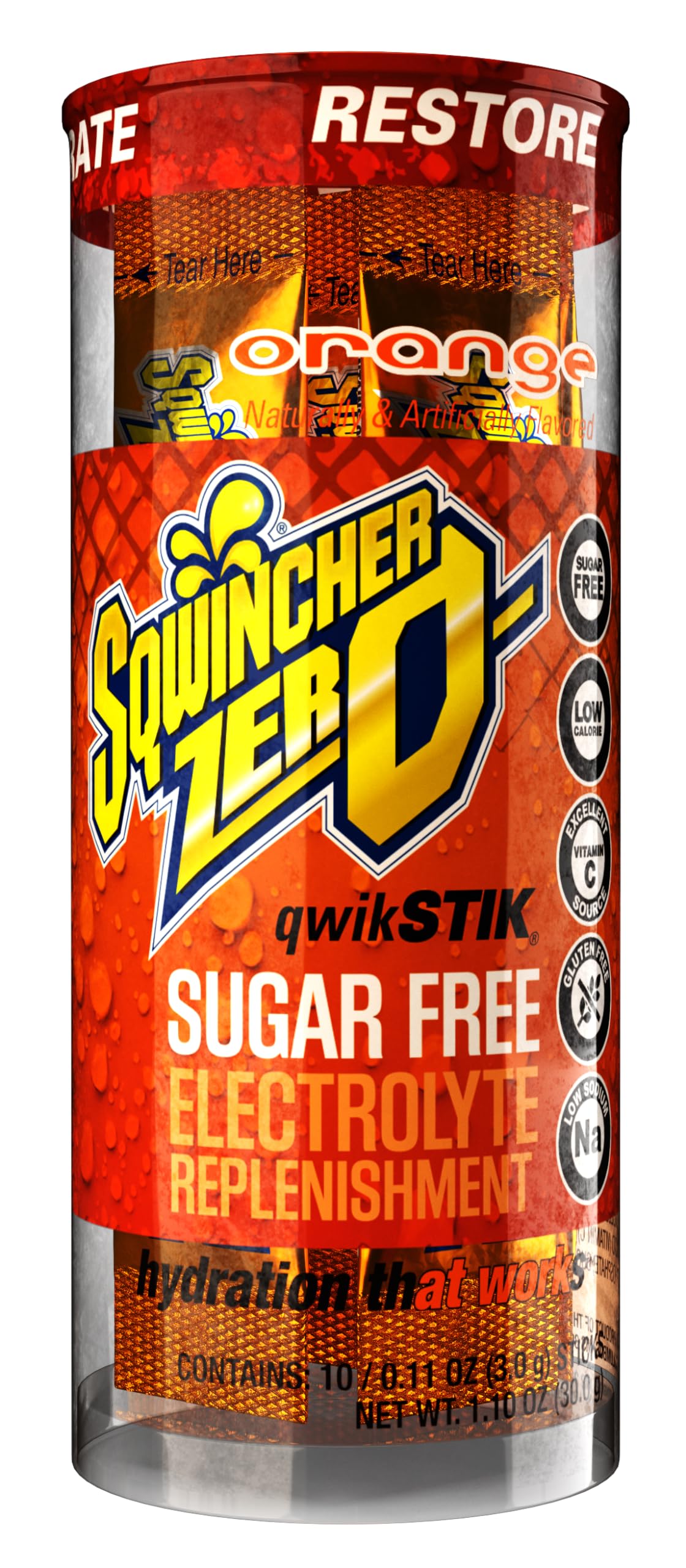 Sqwincher Zero Qwik Stik, Orange, Sugar Free, Low Calorie, Low Sodium Electrolyte Powder Hydration Drink Mix, .11 oz Packet (Pack of 200)