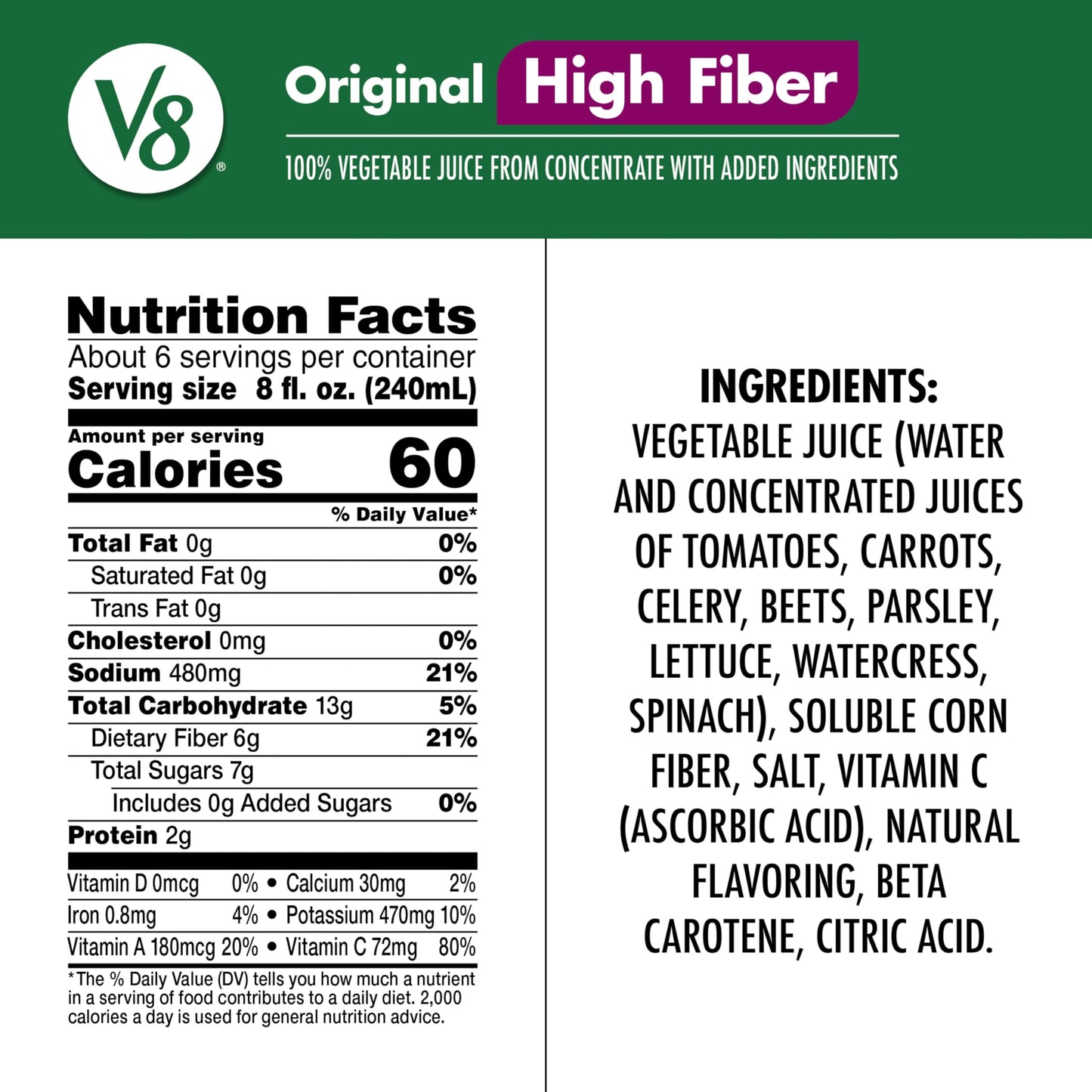 V8 High Fiber Original 100% Vegetable Juice, 46 fl oz Bottle