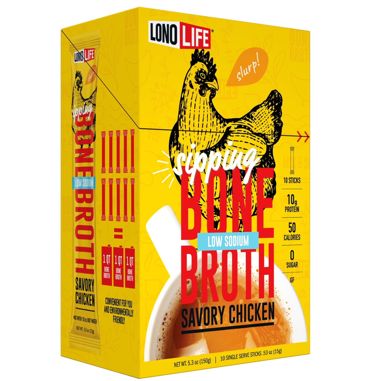 LonoLife Low Sodium Chicken Bone Broth Powder Mix | 10g Protein | Collagen-Rich, Keto & Paleo Friendly | Natural Ingredients | 10 Portable Stick Pack Servings