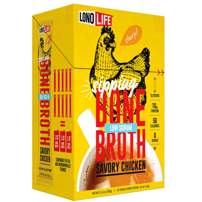 LonoLife Low Sodium Chicken Bone Broth Powder Mix | 10g Protein | Collagen-Rich, Keto & Paleo Friendly | Natural Ingredients | 10 Portable Stick Pack Servings