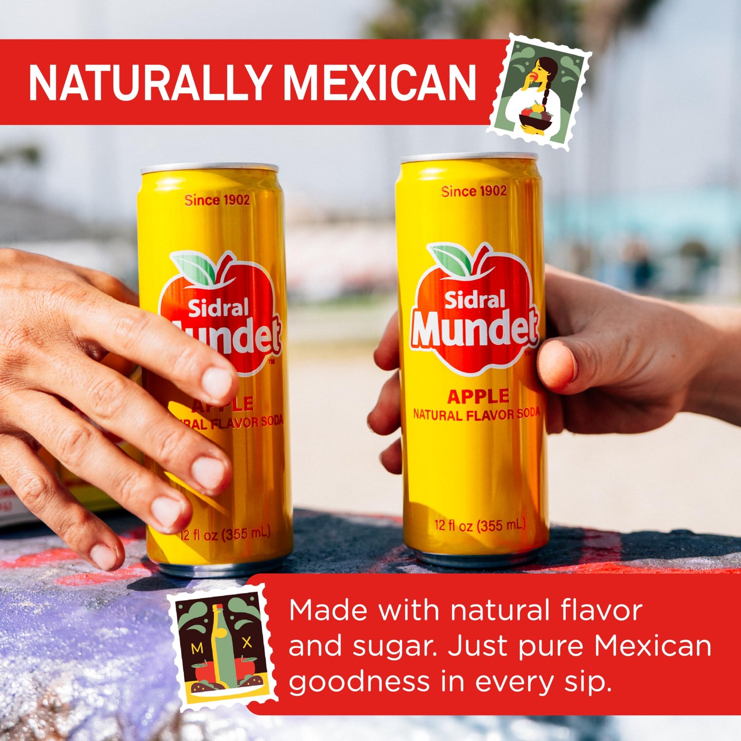 Sidral Mundet - Mexican Soda Soft Drinks, Apple (12 oz, 355ml) 24 Cans - Caffeine Free, Gluten Free - Real Cane Sugar - 0g Fat - Made in Mexico - Natural Flavor Soda Pop - Over 120 Years