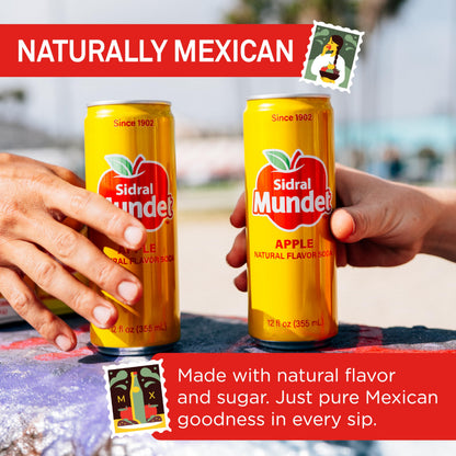 Sidral Mundet - Mexican Soda Soft Drinks, Apple (12 oz, 355ml) 24 Cans - Caffeine Free, Gluten Free - Real Cane Sugar - 0g Fat - Made in Mexico - Natural Flavor Soda Pop - Over 120 Years