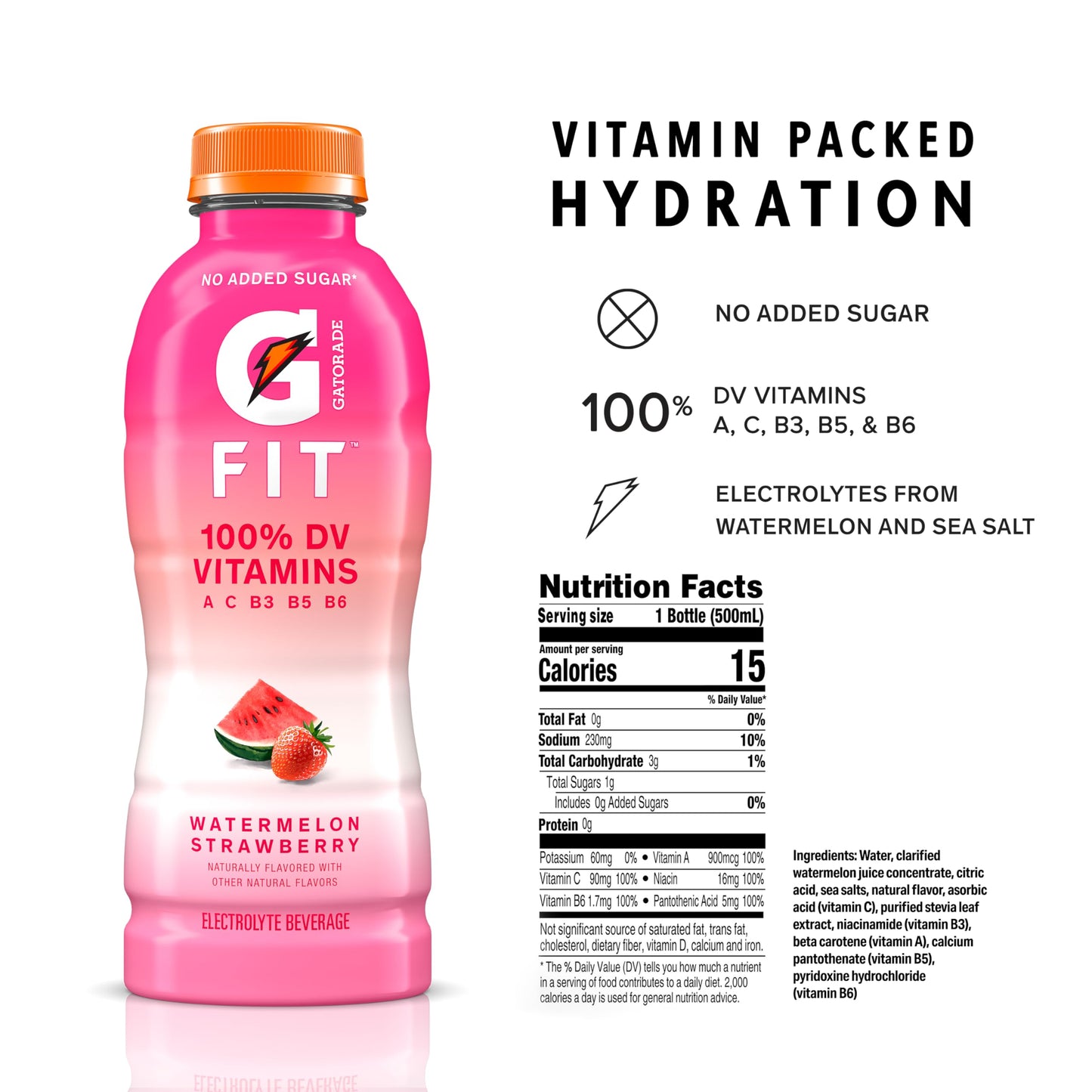 Gatorade Fit Electrolyte Beverage,Healthy Real Hydration,Watermelon Strawberry,16.9.oz Bottles,(Pack of 24)