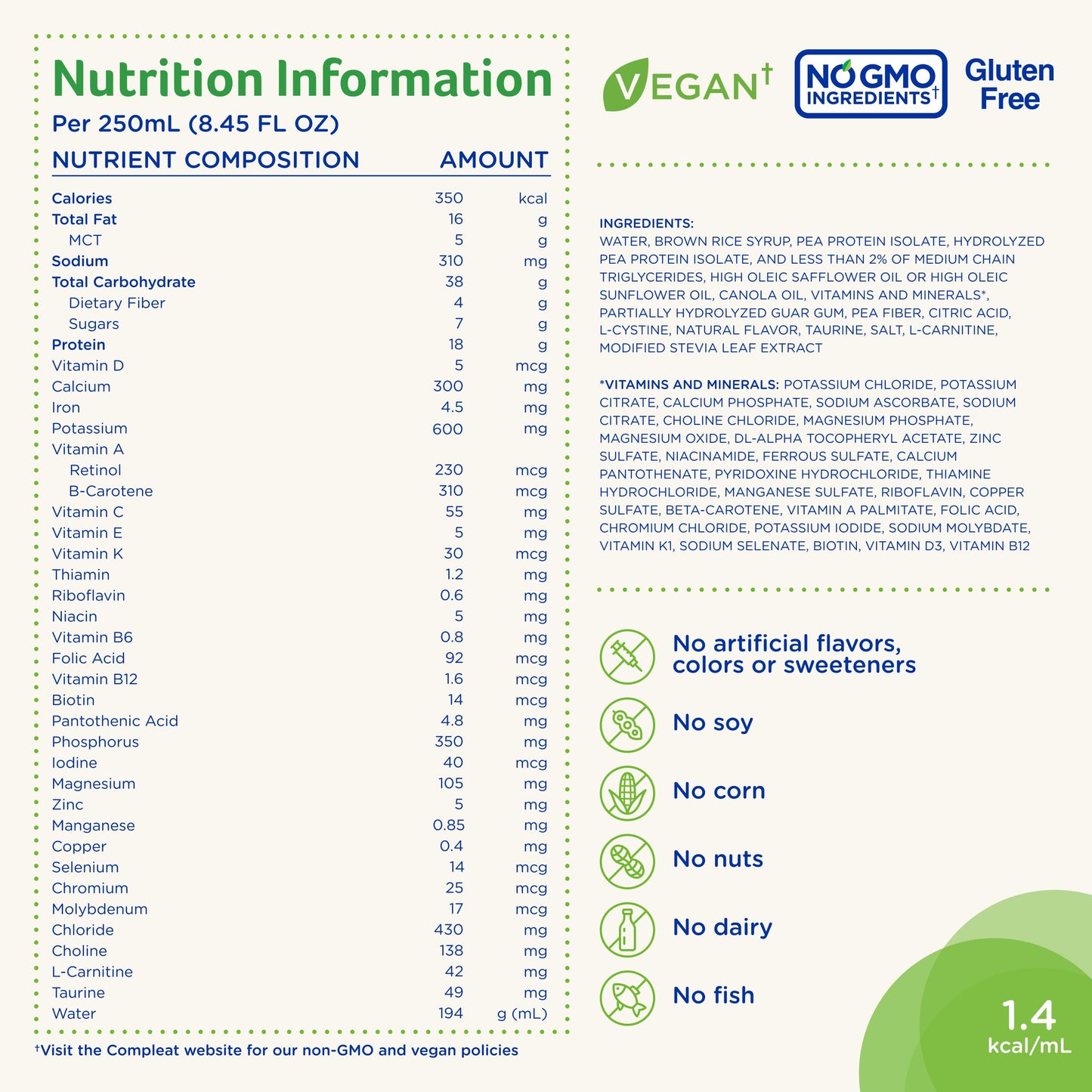 Compleat Standard 1.4mL, Plant Based Nutritionally Complete Shake, Tube Feeding Formula, Vanilla Flavor, 24 Pack, Plant Based