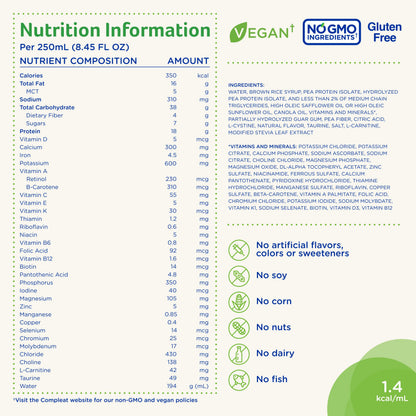 Compleat Standard 1.4mL, Plant Based Nutritionally Complete Shake, Tube Feeding Formula, Vanilla Flavor, 24 Pack, Plant Based