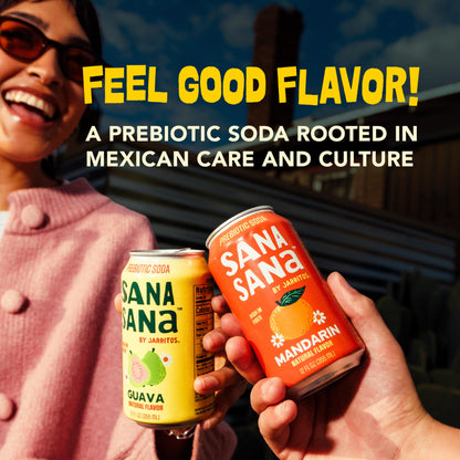 Sana Sana by Jarritos - Mexican Prebiotic Soda Soft Drinks, Mandarin (12 oz, 355ml) 12 Cans - 40 Calories, 10g of Fiber - Low Sugar - Natural Flavor Soda Pop