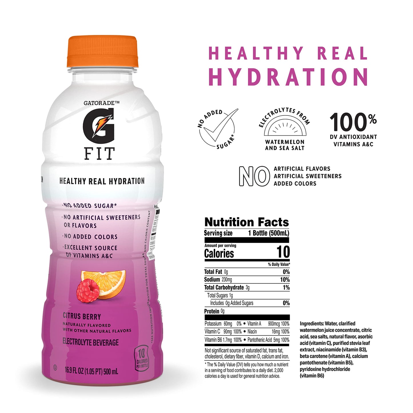 Gatorade Fit Citrus Berry Electrolyte Beverage, 16.9 Fl Oz Bottles, 12 Pack