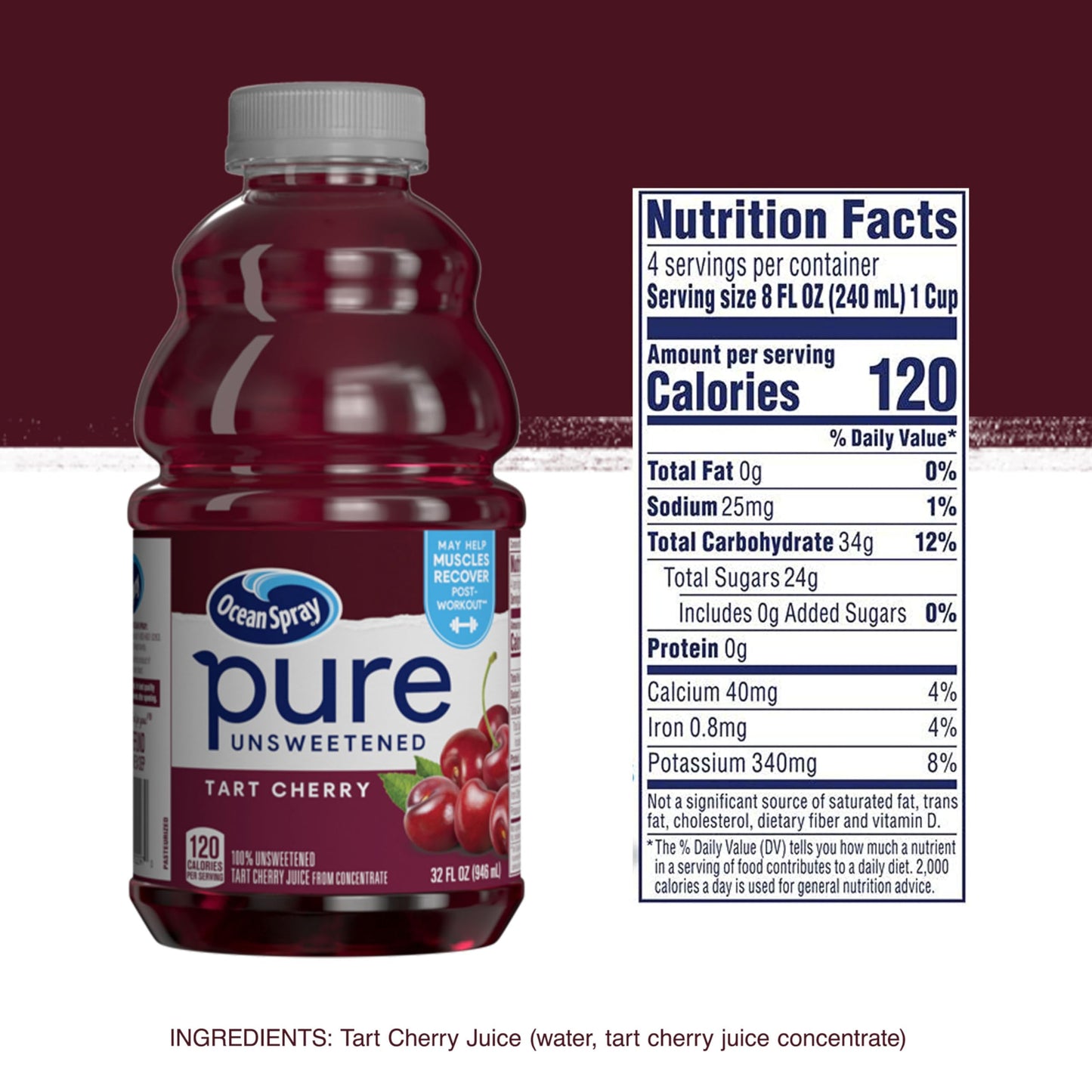 Ocean Spray® Pure Unsweetened Tart Cherry, 100% Tart Cherry Juice, 32 Fl Oz Bottle