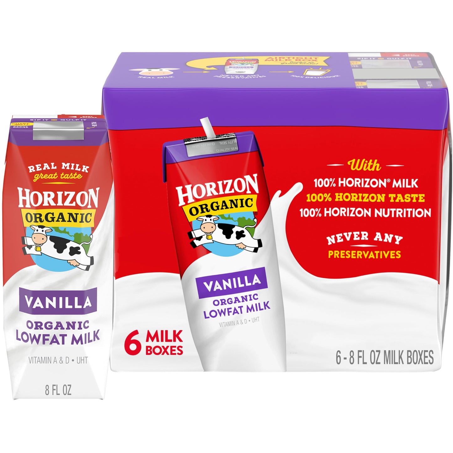 Horizon Organic Shelf Stable 1% Lowfat Vanilla Milk Boxes, 8 fl oz, 6 Count - 8g Protein per Serving, USDA Organic UHT, Ready to Drink for Lunchbox, Travel, or On-the-Go, No Refrigeration Needed