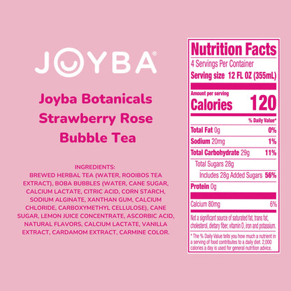 JOYBA Strawberry Rose Bubble Tea with Botanicals, 4 Pack, 12 fl. oz. Cups