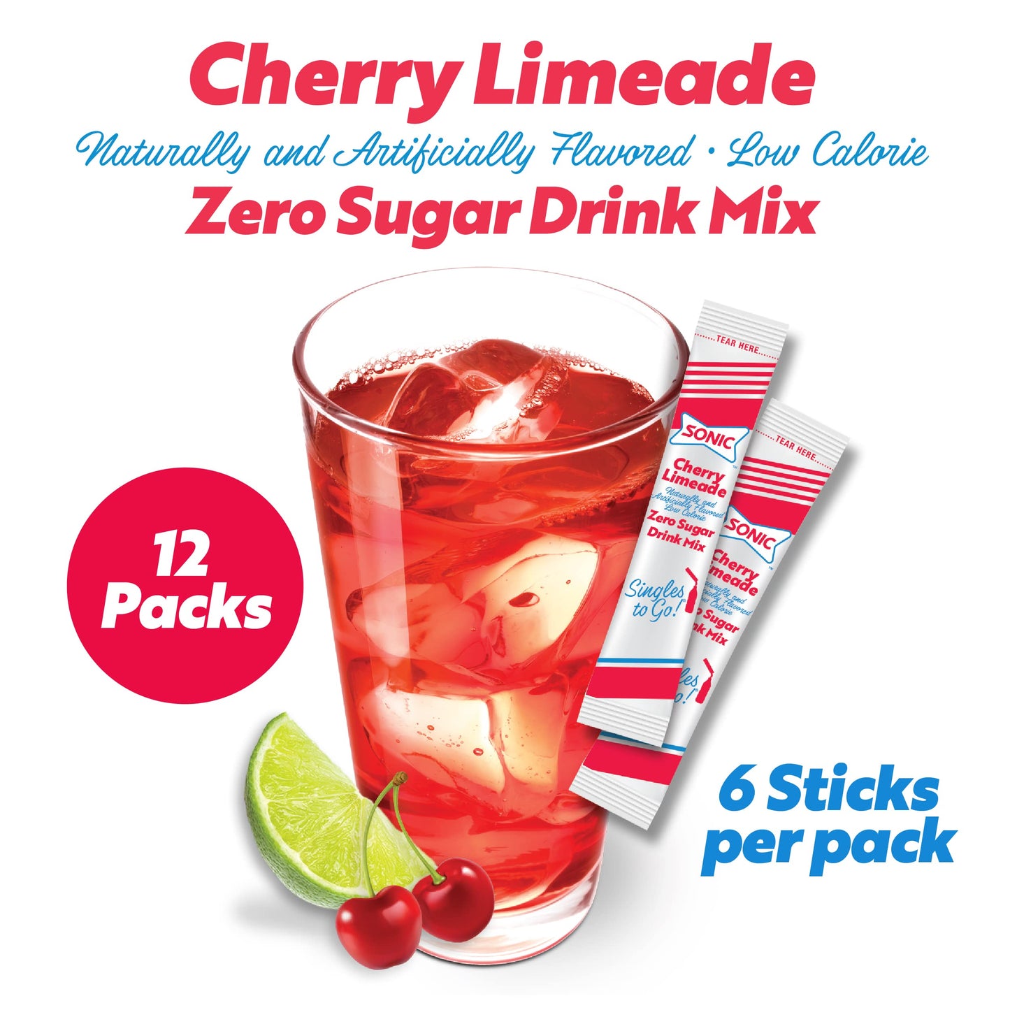 Sonic Singles To Go Powdered Drink Mix, Cherry Limeade, 6 Sticks Per Box, 12 Boxes (72 Sticks Total)