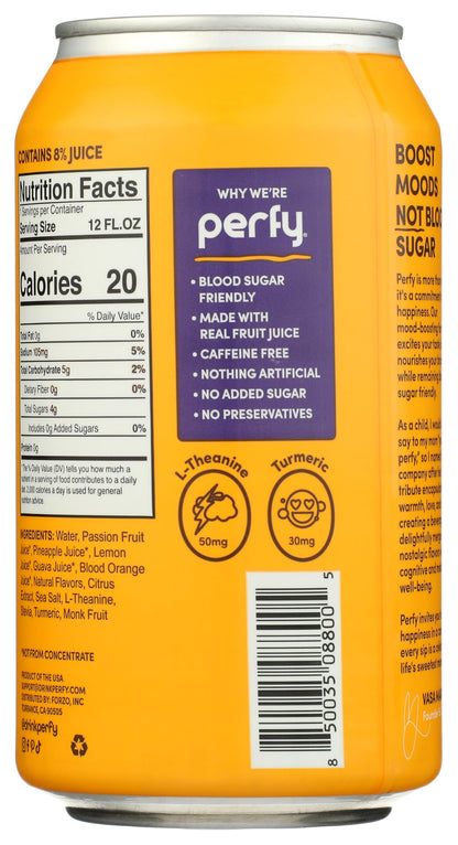 PERFY Soda Superfood Nootropic Soft Drink | Low Sugar, Low Carb, Gluten Free, Caffeine Free, Keto Soda | All Natural Soft Drink Made With Real Fruit Juice, L-theanine & turmeric | 12 Pack (Tropical Citrus)