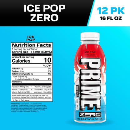 PRIME ZERO ICE POP, Sugar Free Sports Drinks, Electrolyte Enhanced to Replenish Fluids, B Vitamins, Antioxidants, Low Calorie, Made with Natural Flavors, 16.9 Fl Oz 12 Pack