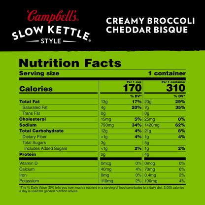 Campbell's Slow Kettle Style Creamy Broccoli Cheddar Bisque, 15.5 oz Microwavable Bowl