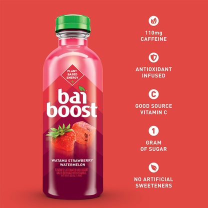 Bai Boost Watamu Strawberry Watermelon, Antioxidant Infused Beverage, 18 fl oz bottle (Pack of 12)