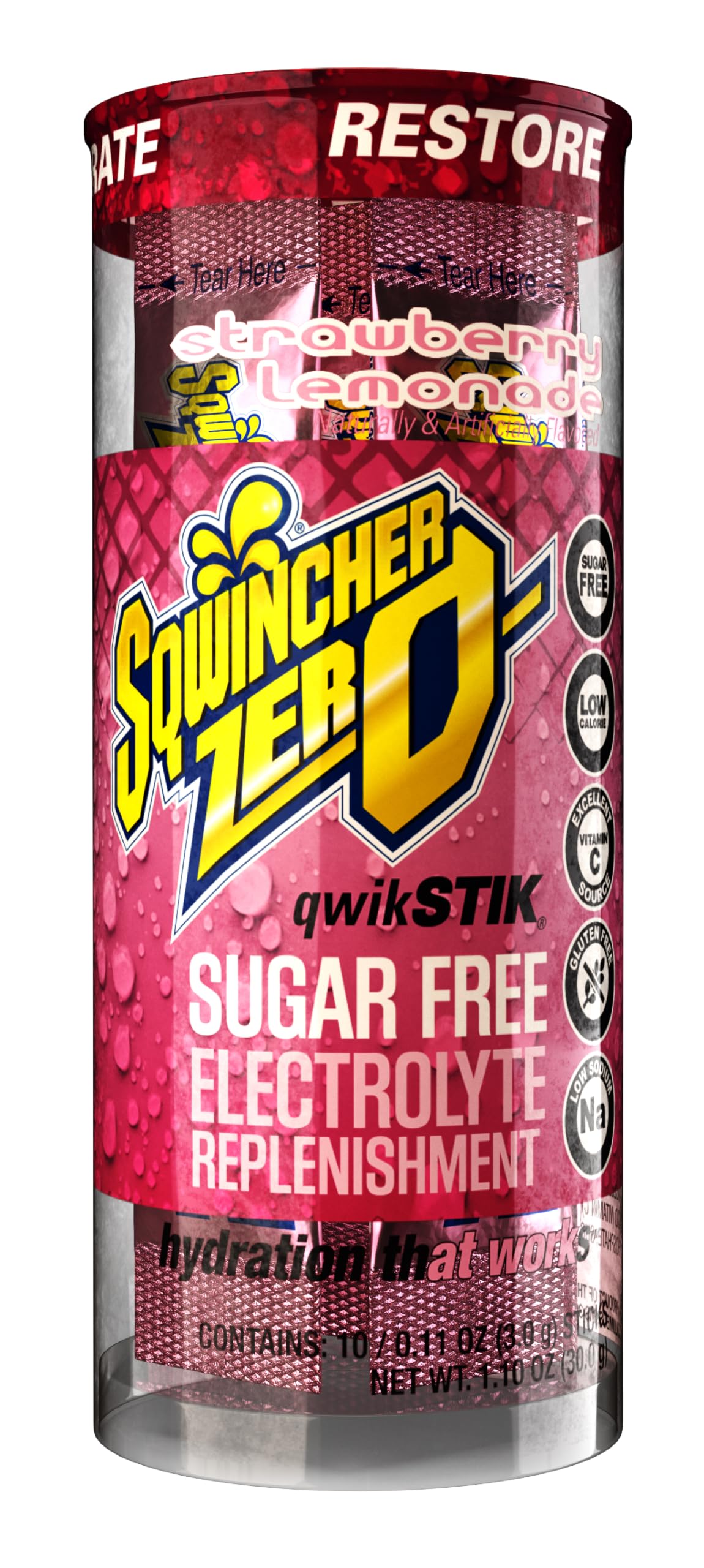Sqwincher Zero Qwik Stik, Strawberry Lemonade, Sugar Free, Low Calorie, Low Sodium Electrolyte Powder Hydration Drink Mix, .11 oz Packet (Pack of 200)