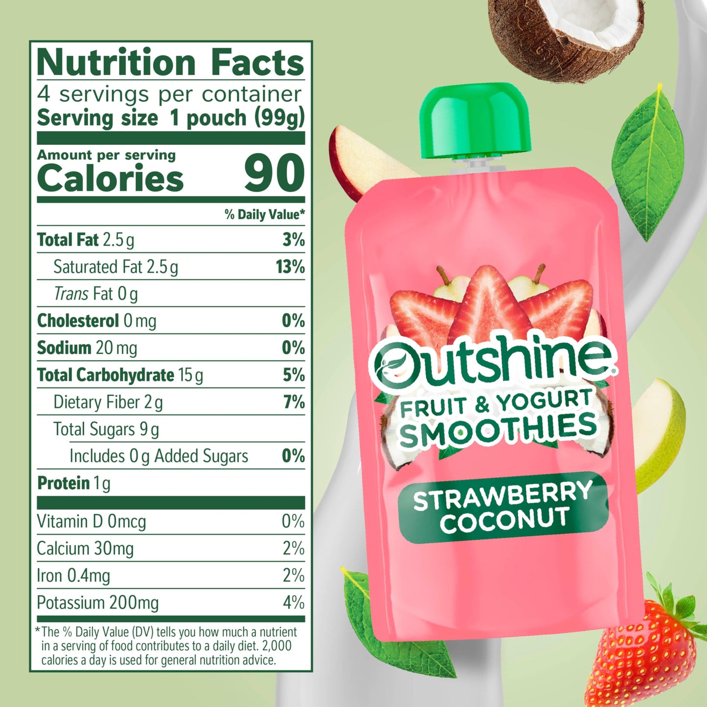 Outshine Fruit & Yogurt Smoothie Strawberry Coconut, Smoothie Pouch, On The Go Snack, 4Pk 3.5 oz