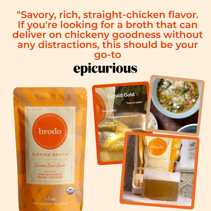 Brodo Organic Chicken Broth | Nutrient Dense, Chef Crafted Bone Broth in Single Serving Pouches | Not Made From Concentrate, No Preservatives (6x 8.3 oz Pouches)