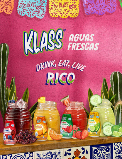 Klass Aguas Frescas | Liquid Water Enhancer | Classic Variety Pack | Flavors: Cucumber Limeade Strawberry Watermelon Hibiscus Berries & Pineapple Tangerine | Naturally Flavored | Sugar Free | Zero Calories Per Serving | Keto | 4 Bottles, Makes 96 Drinks