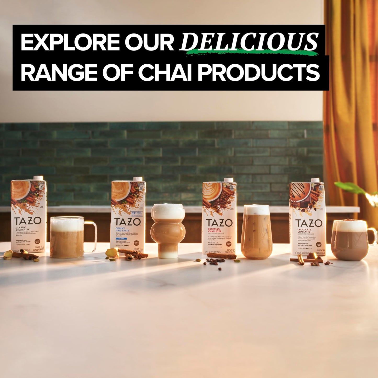 TAZO Decaf Chai Latte, Black Tea Concentrate, Easy-to-Serve Chai Tea for Everyday Lattes, Hot or Iced Tea and Mocktails, 32 oz Tea Mix Carton