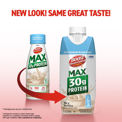 BOOST Glucose Control Max 30g Protein Nutritional Drink, Very Vanilla, 11 Fl Oz (Pack of 12), Packaging May Vary