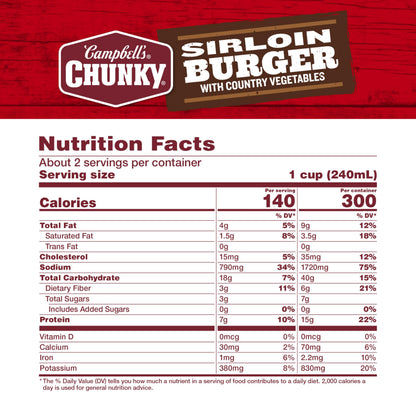 Campbell’s Chunky Soup, Sirloin Burger With Country Vegetables Beef Soup, 18.8 oz Can