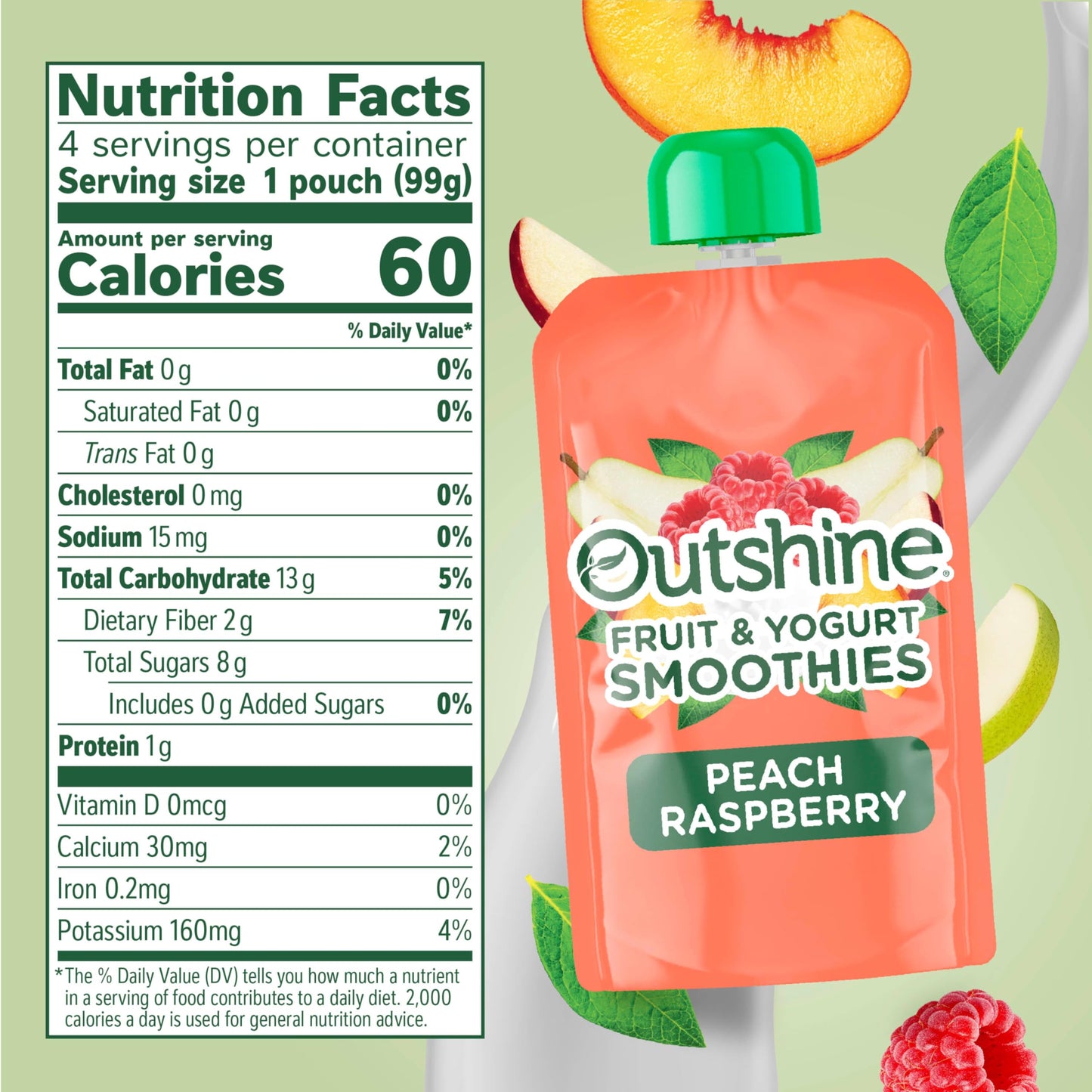 Outshine Fruit & Yogurt Smoothie Peach Raspberry, Smoothie Pouch, On The Go Snack, 4Pk 14 oz